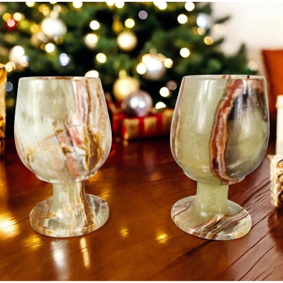 Green onyx wine glass set, champagne glasses, goblets Christmas gift for couple - Picture 4 of 9
